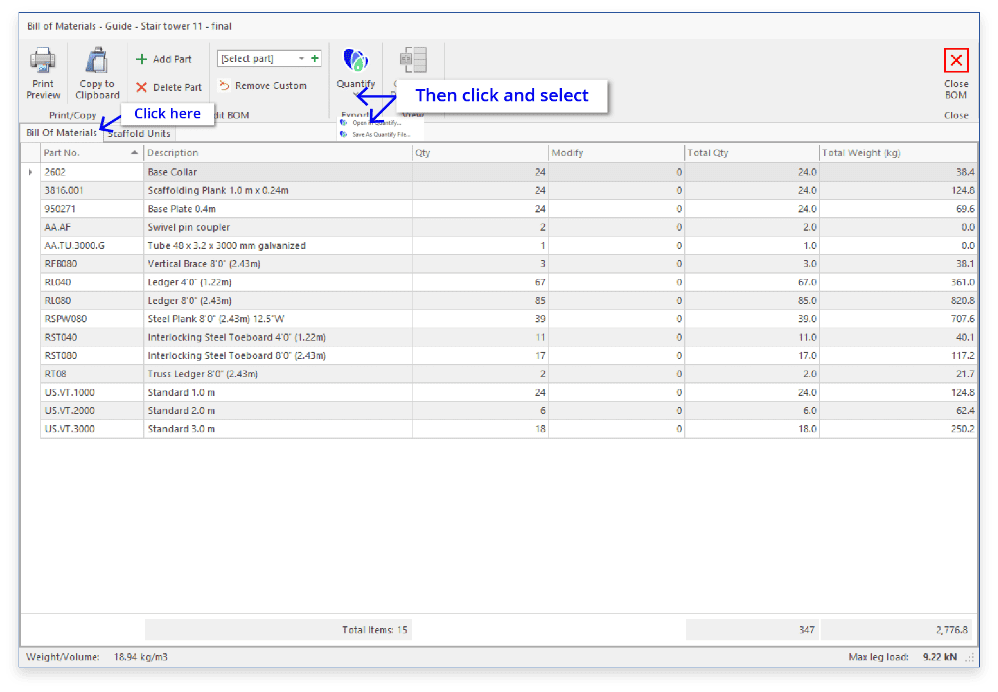 On the Bill of Materials tab in Designer, click on the Quantify dropdown menu and select 