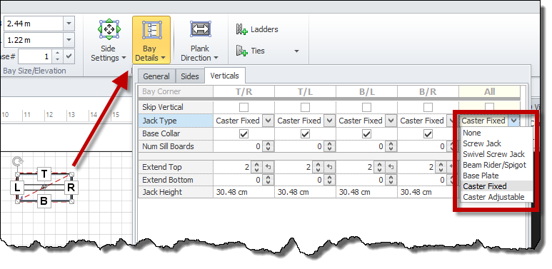 After clicking on the Bay Details button, you can add casters to any scaffold tower.  