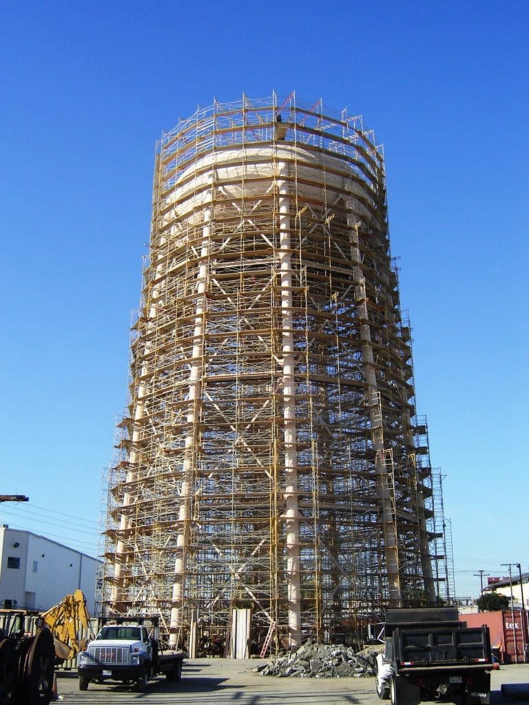 Construction scaffolding on tall structure.