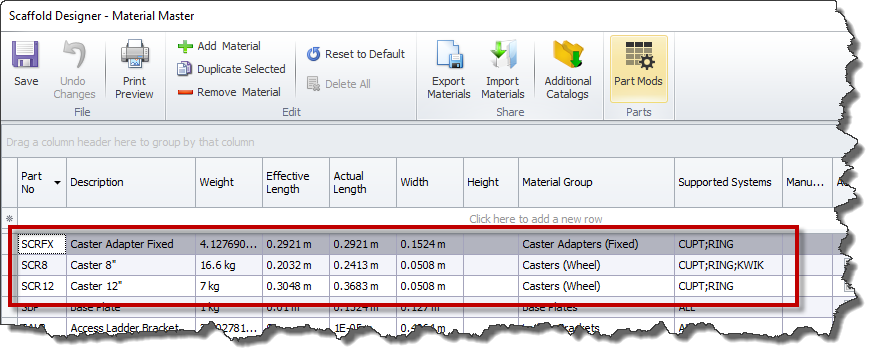On Material Master you can add casters of any size