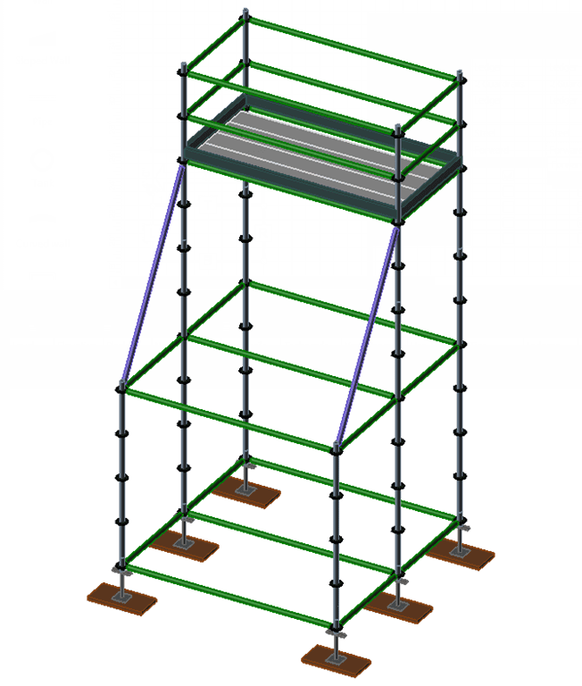 Showcase of 3D scaffold model with buttress and top vertical braces display which created using Avontus Designer
