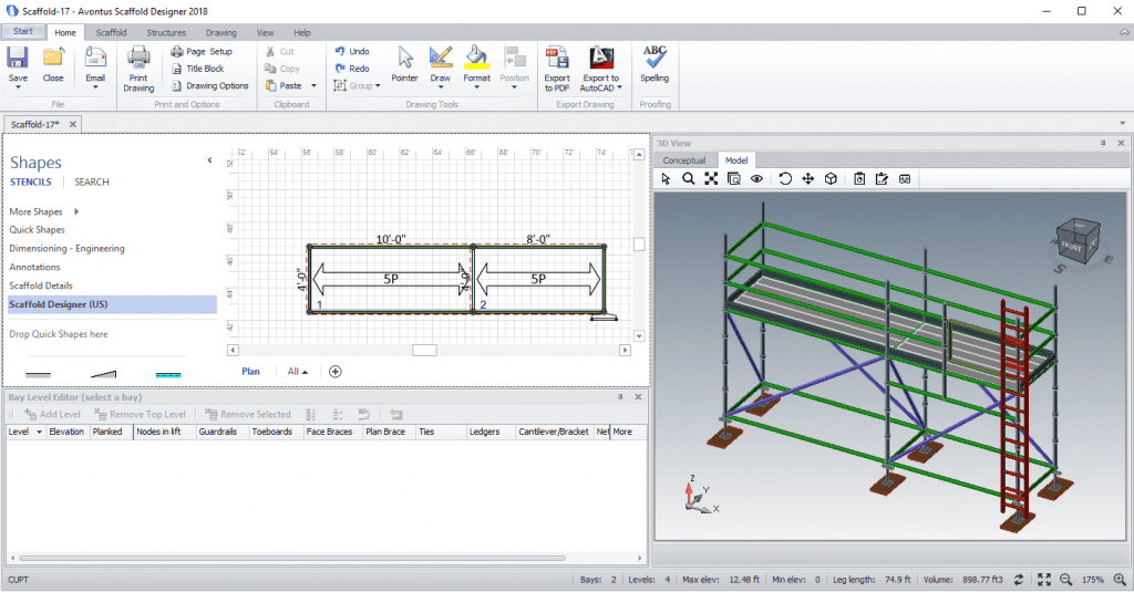Software interface of Avontus Designer with simple scaffold drawing and 3D scaffold model