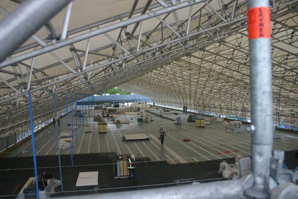 Indoor scaffolding in a factory.