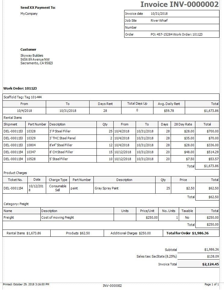 A rental invoice sample created by inventory management software 