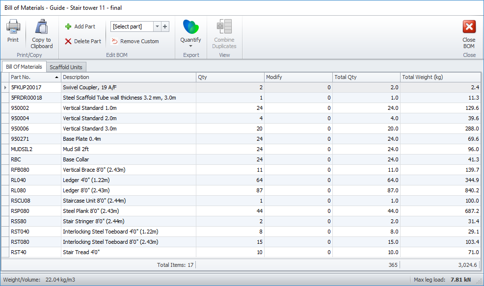Sharing and managing scaffolding material lists 