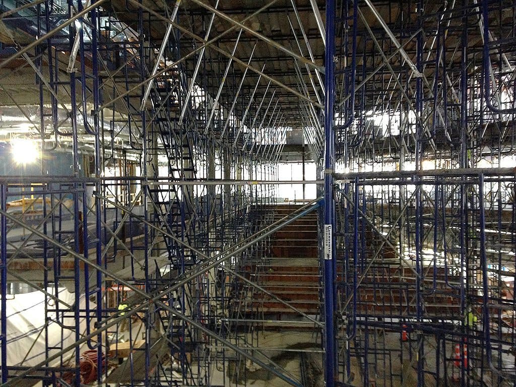 Indoor scaffolding of a building under construction.