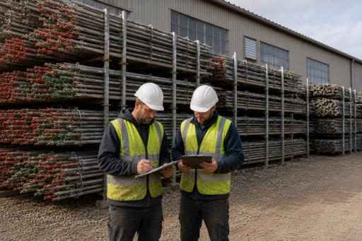 Crew in a scaffold yard counting owned and rented pieces for scaffolding re-rent tracking