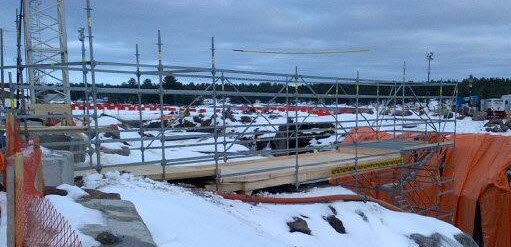 Scaffolding work in progress during winter.